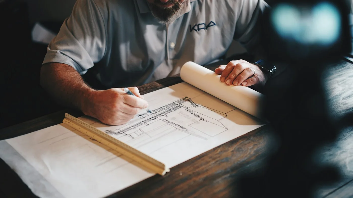 Architectural drawings being reviewed